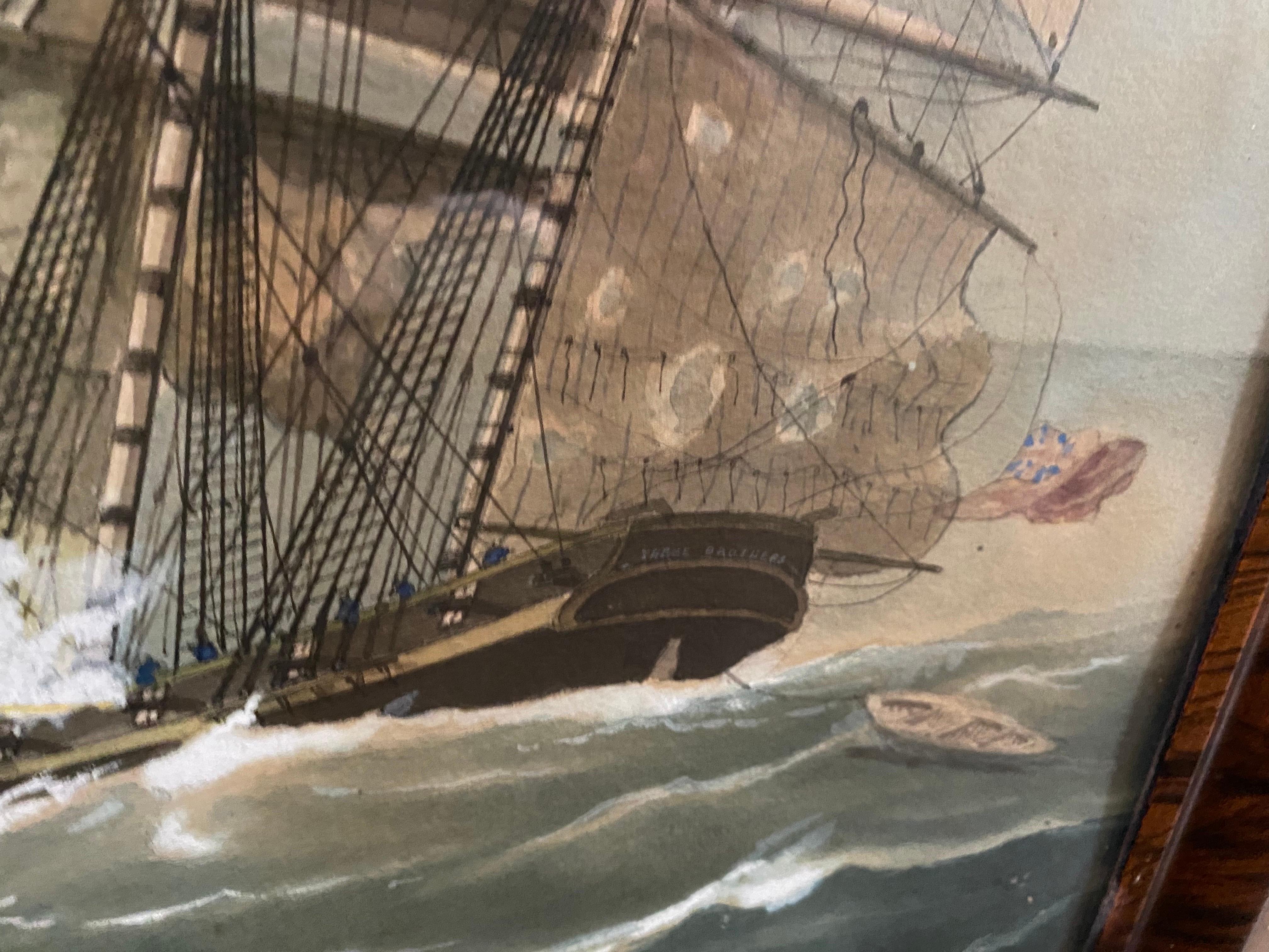 Watercolor of Three Ships, 1905, Signed Edward John Russell, (American) In Good Condition In Southampton, NY