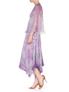 1970'S Purple Silk Chiffon Watercolor Ombré Tie Dye Skirt & Cami Ensemble With