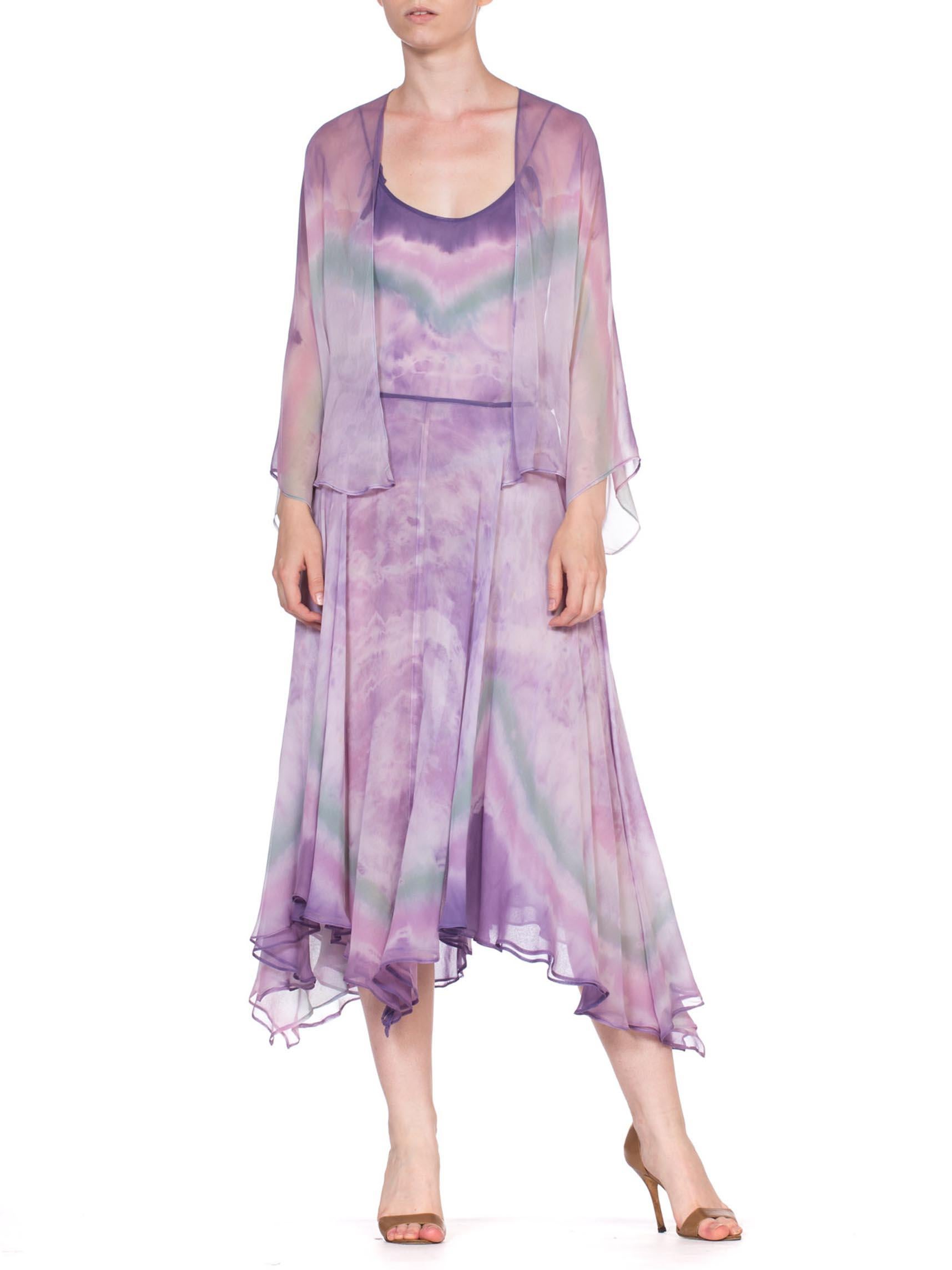 Women's 1970'S Purple Silk Chiffon Watercolor Ombré Tie Dye Skirt & Cami Ensemble With 