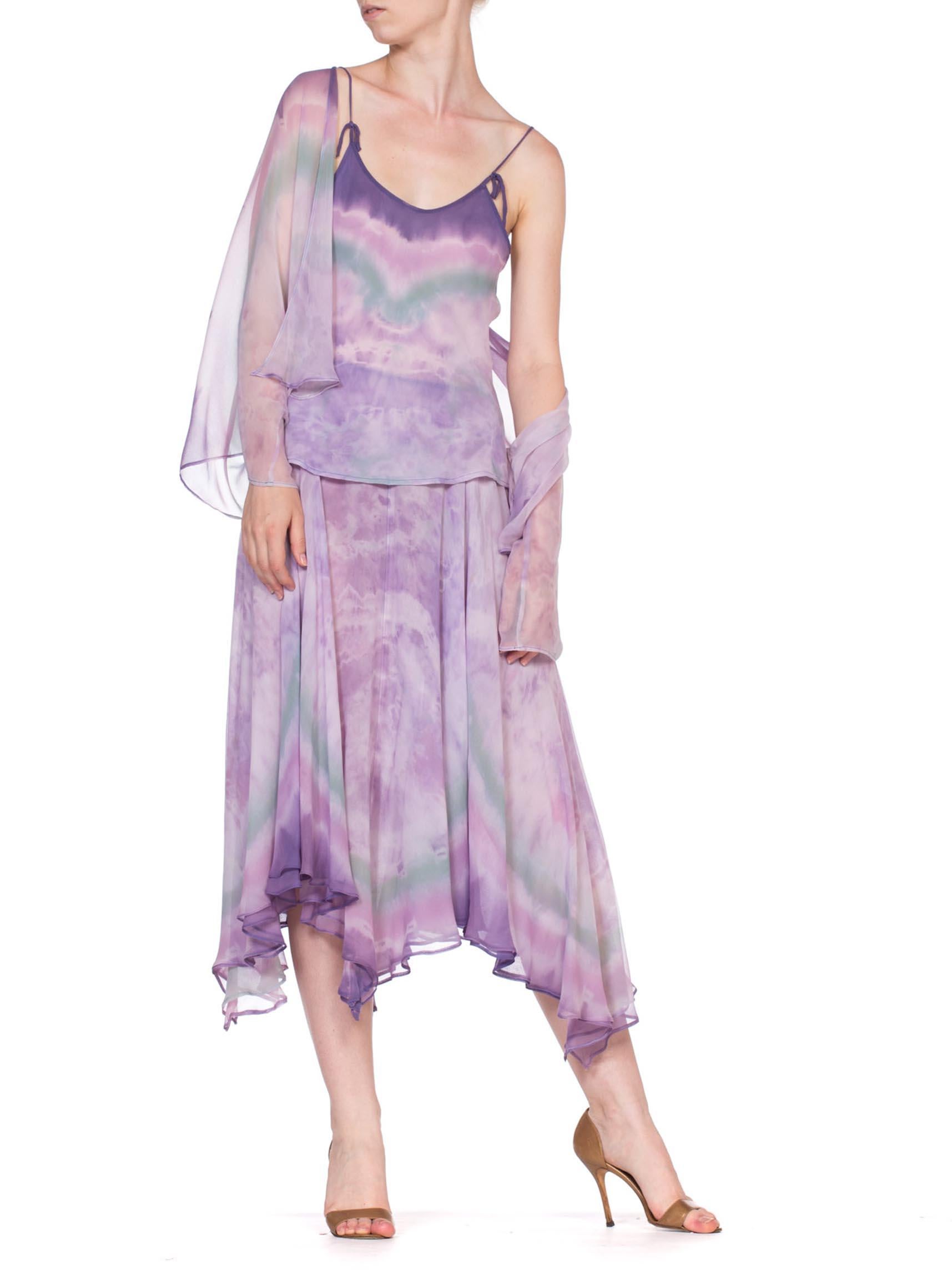 1970'S Purple Silk Chiffon Watercolor Ombré Tie Dye Skirt & Cami Ensemble With  1