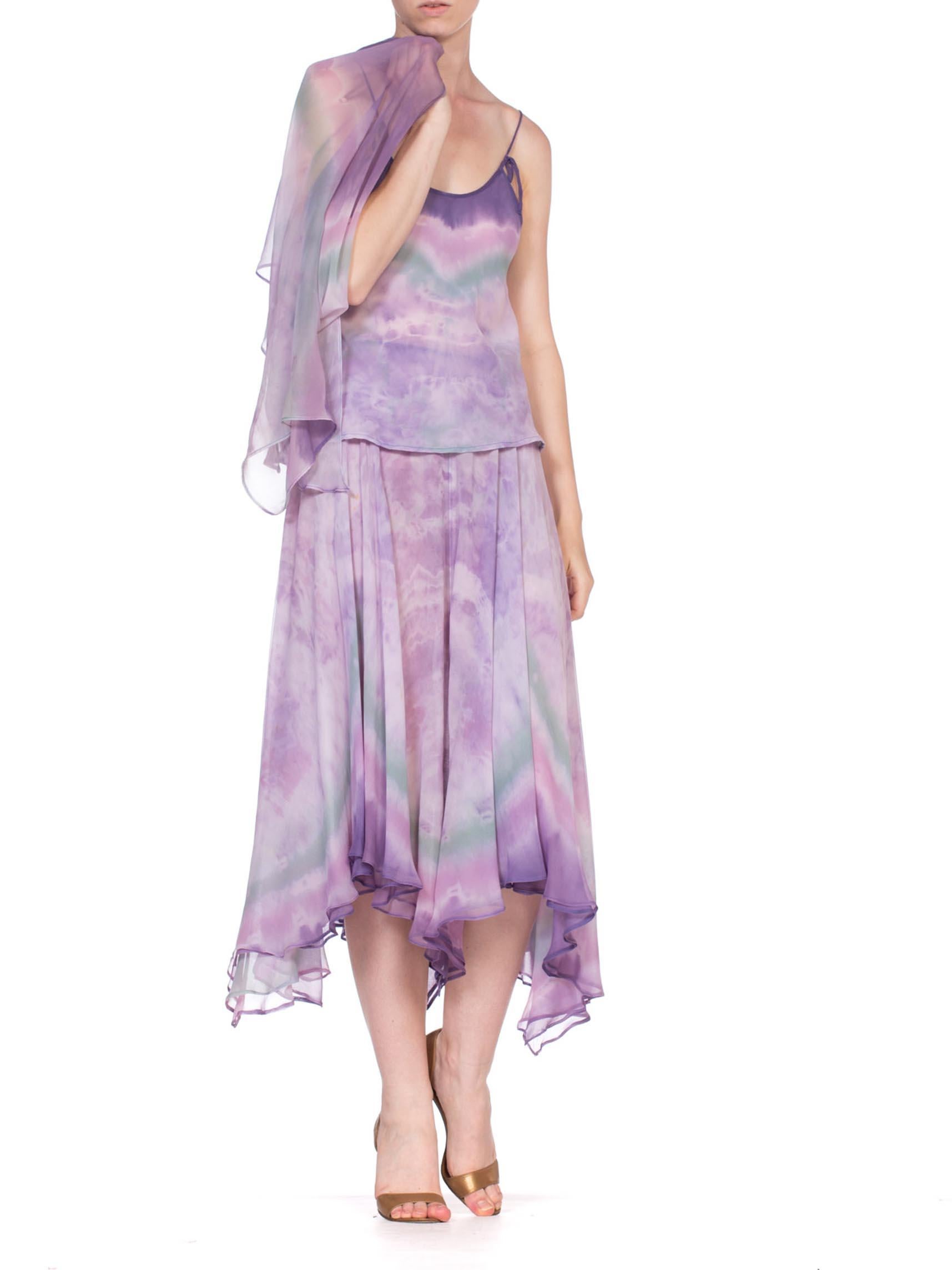 1970'S Purple Silk Chiffon Watercolor Ombré Tie Dye Skirt & Cami Ensemble With  2