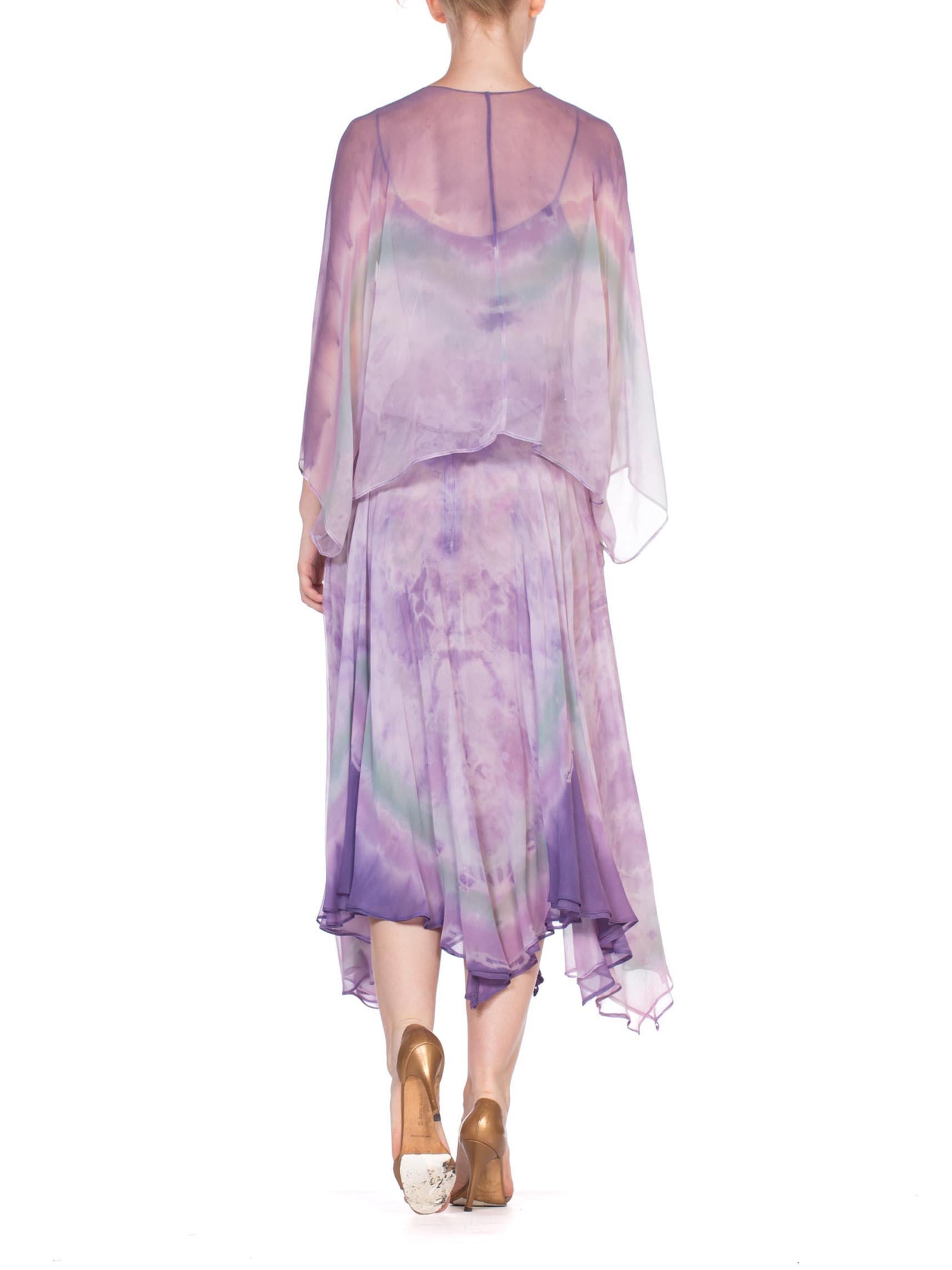 1970'S Purple Silk Chiffon Watercolor Ombré Tie Dye Skirt & Cami Ensemble With  3