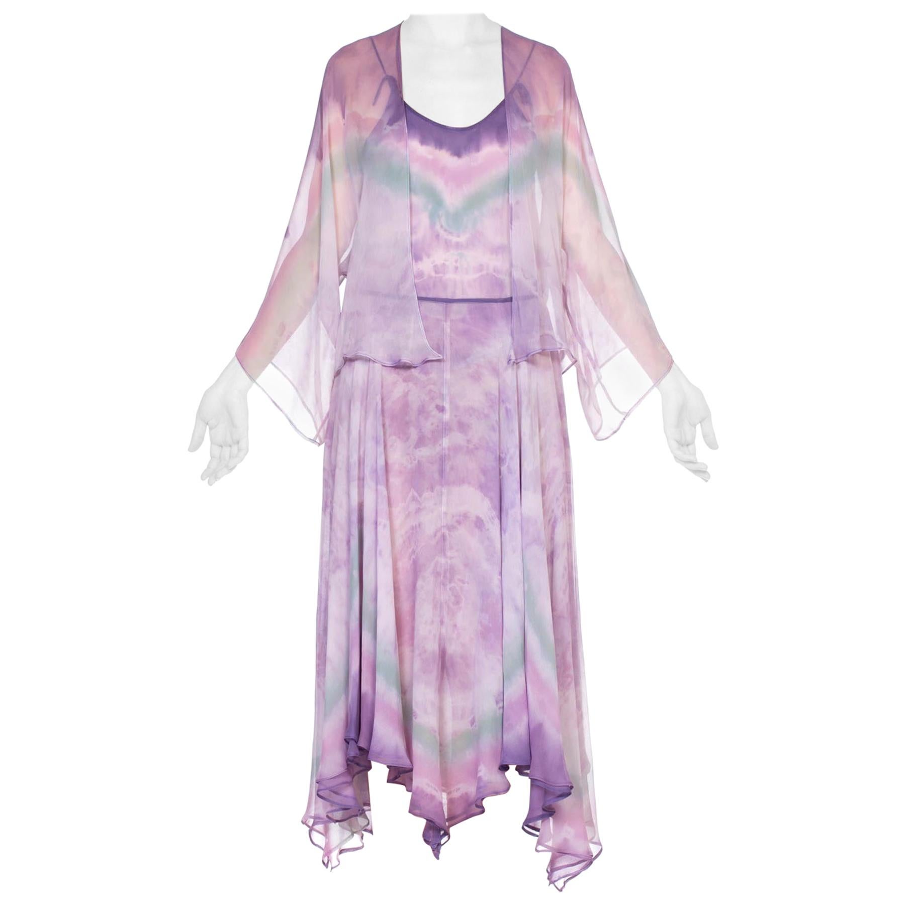 1970'S Purple Silk Chiffon Watercolor Ombré Tie Dye Skirt & Cami Ensemble With 