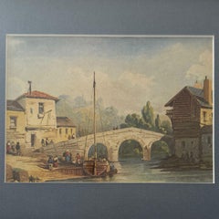 Watercolor on paper, boat anchored near a 19th-century bridge, gilt frame