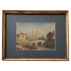 Watercolor on paper, boat anchored near a 19th-century bridge, gilt frame