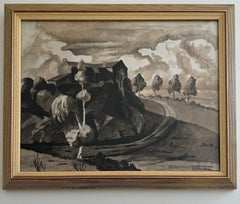 **Watercolor on Paper by A. Nauleau, Landscape with Path, 20th Century