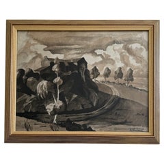 **Watercolor on Paper by A. Nauleau, Landscape with Path, 20th Century