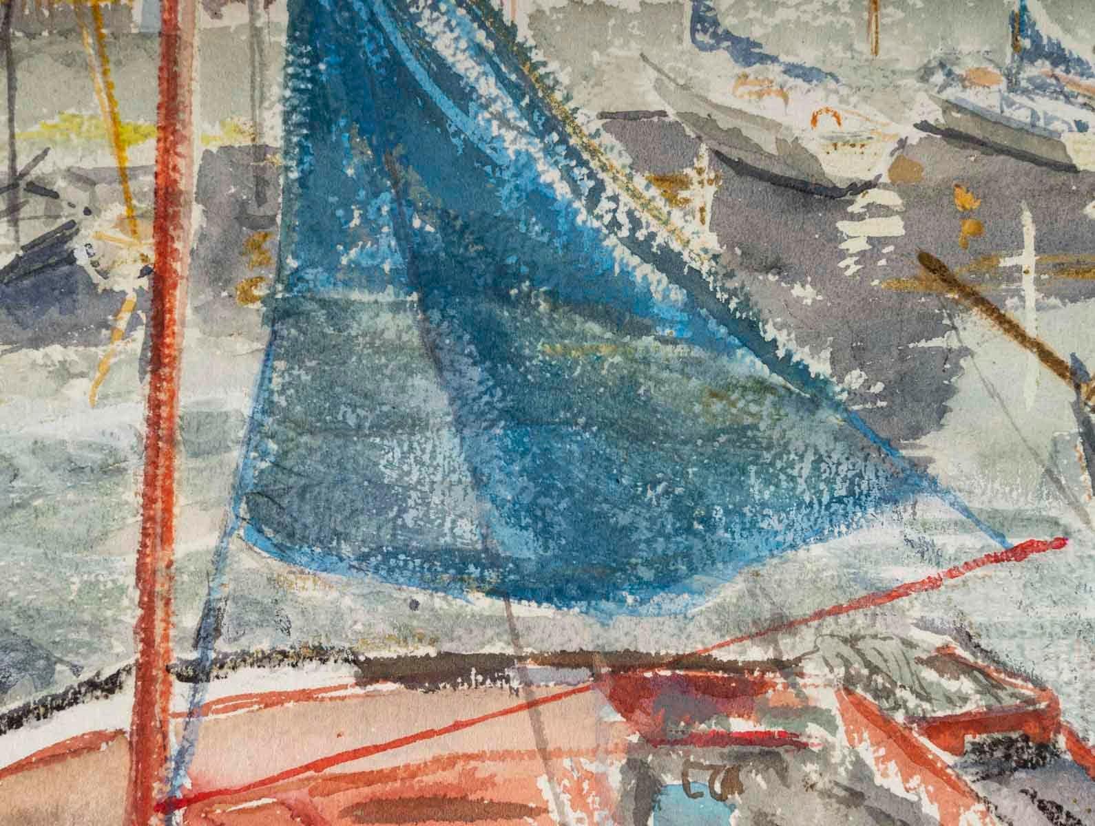 French Watercolor on Paper by Evelyne Luez, 1960. For Sale