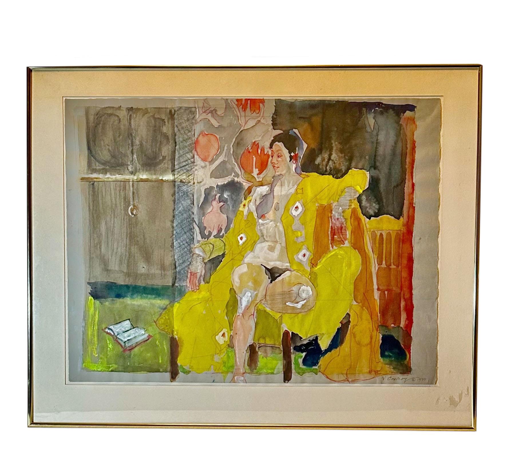 A delicate and expressive watercolor by American artist Virginia Conroy, dated 1990. Known for her nuanced use of color and composition, Conroy was a California based painter whose work reflects a quiet, contemplative vision rooted in modern