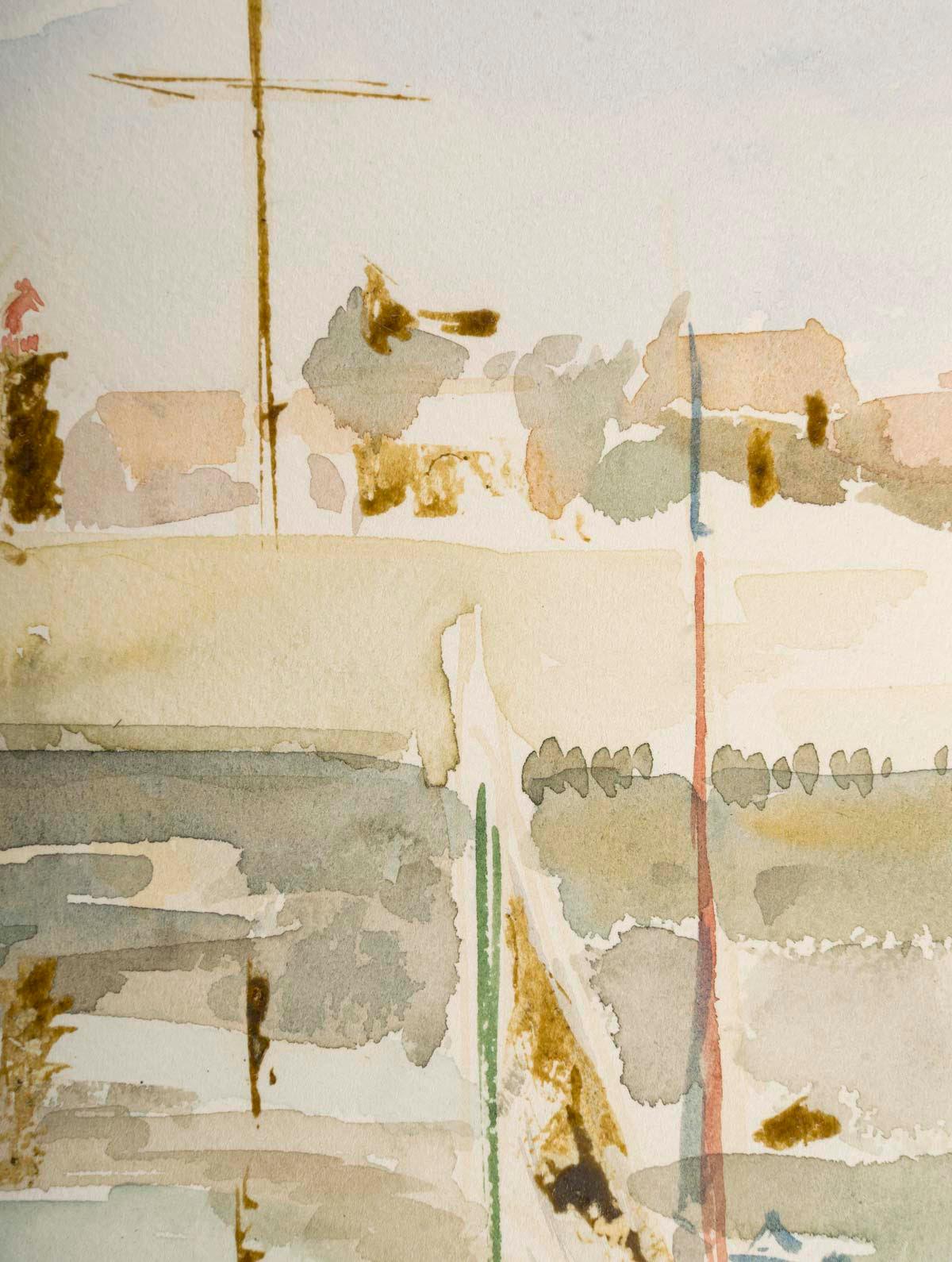 Acuarela sobre papel que representa un puerto y barcos, 1950-60. Moderno de mediados de siglo en venta