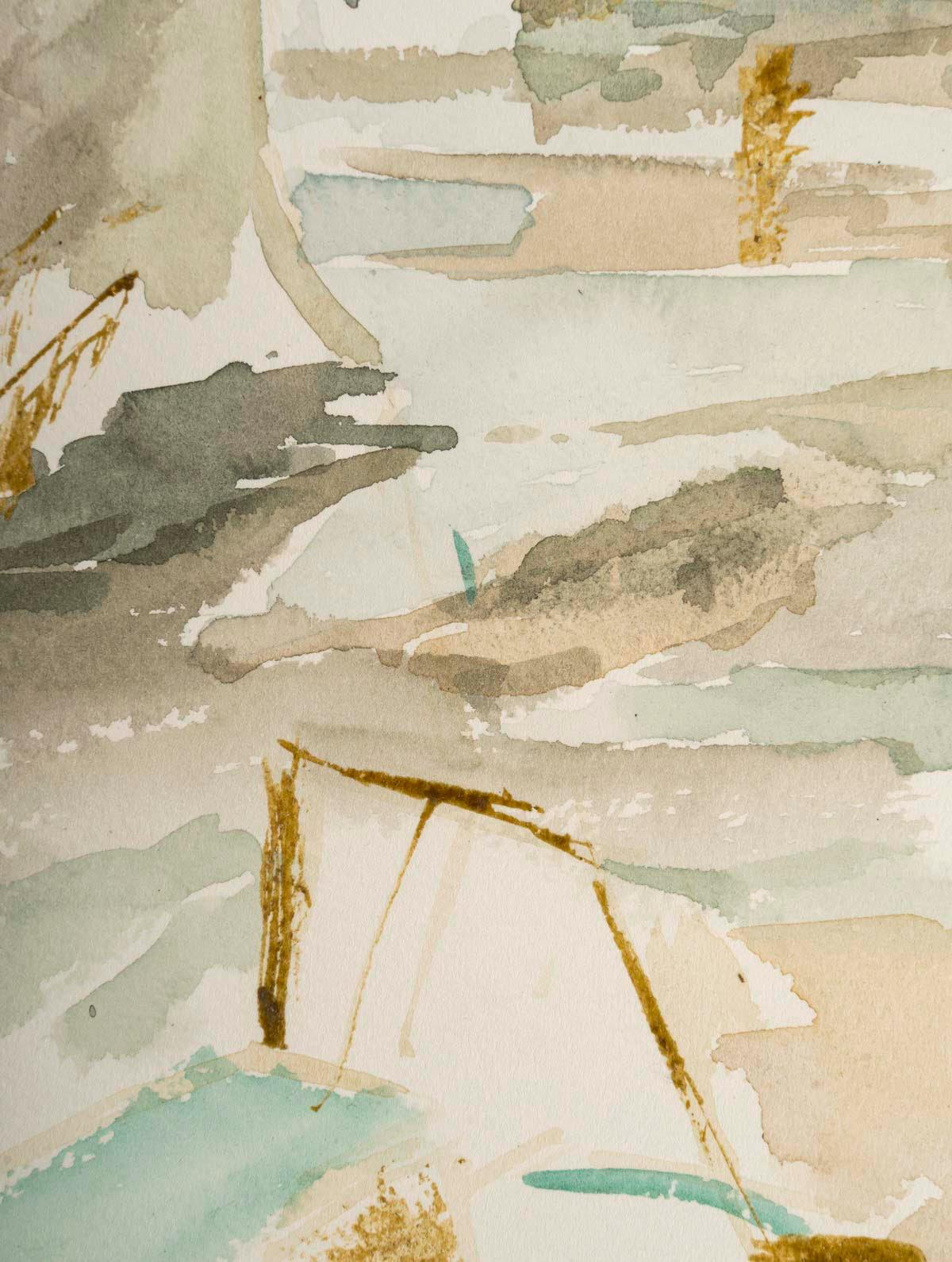 Acuarela sobre papel que representa un puerto y barcos, 1950-60. Francés en venta