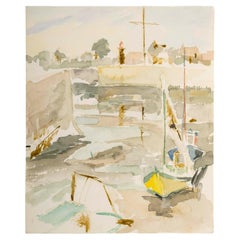 Aquarelle sur papier représentant un port et des bateaux, 1950-60.