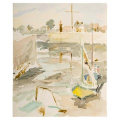 Acuarela sobre papel que representa un puerto y barcos, 1950-60.