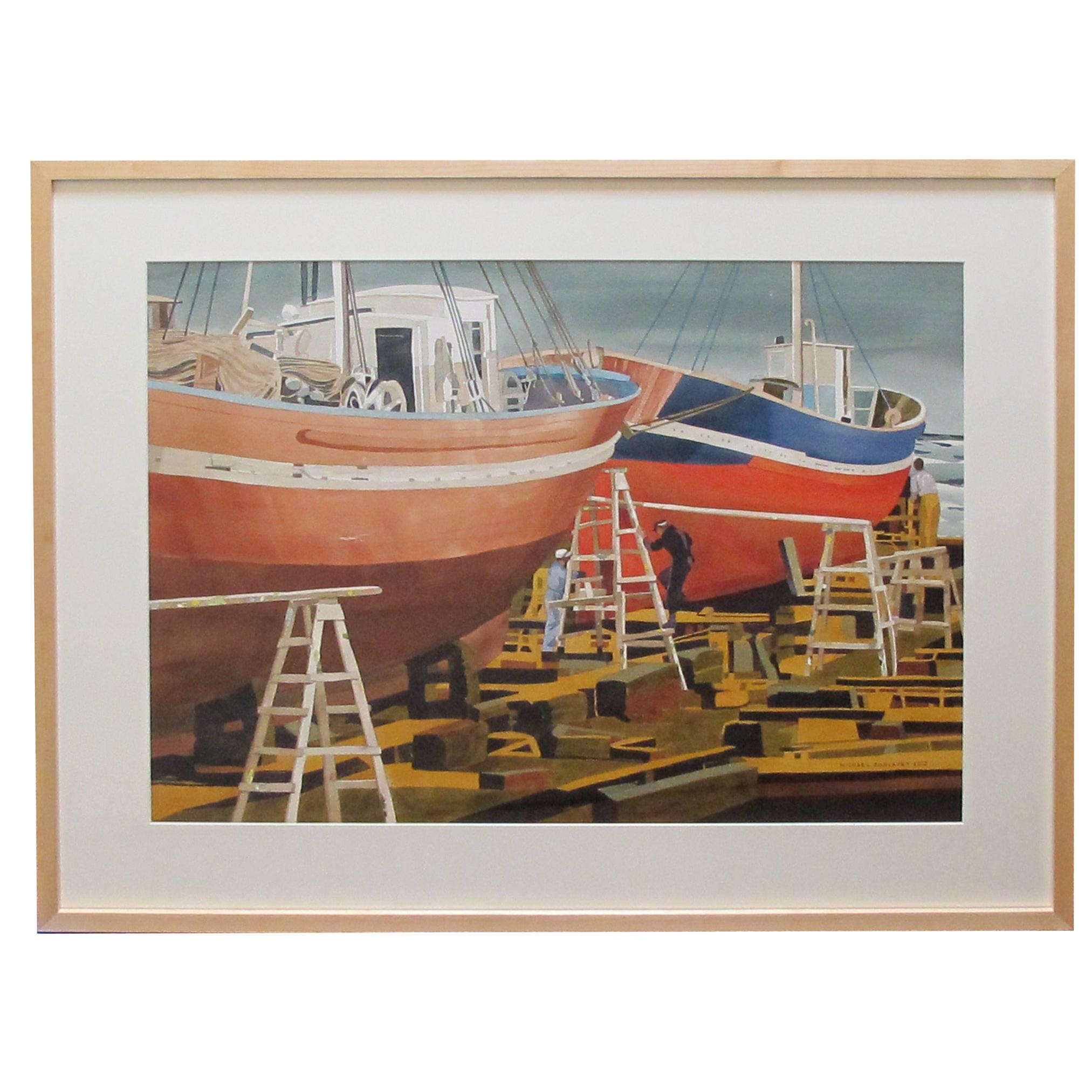 Acquerello su carta Hong Kong Boat Works 1969 Firmato 'Michael Dunlavey 2012'