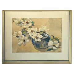 Retro Watercolor on Paper, Paul Immel '1896-1964' White Flowers in a Blue Bowl