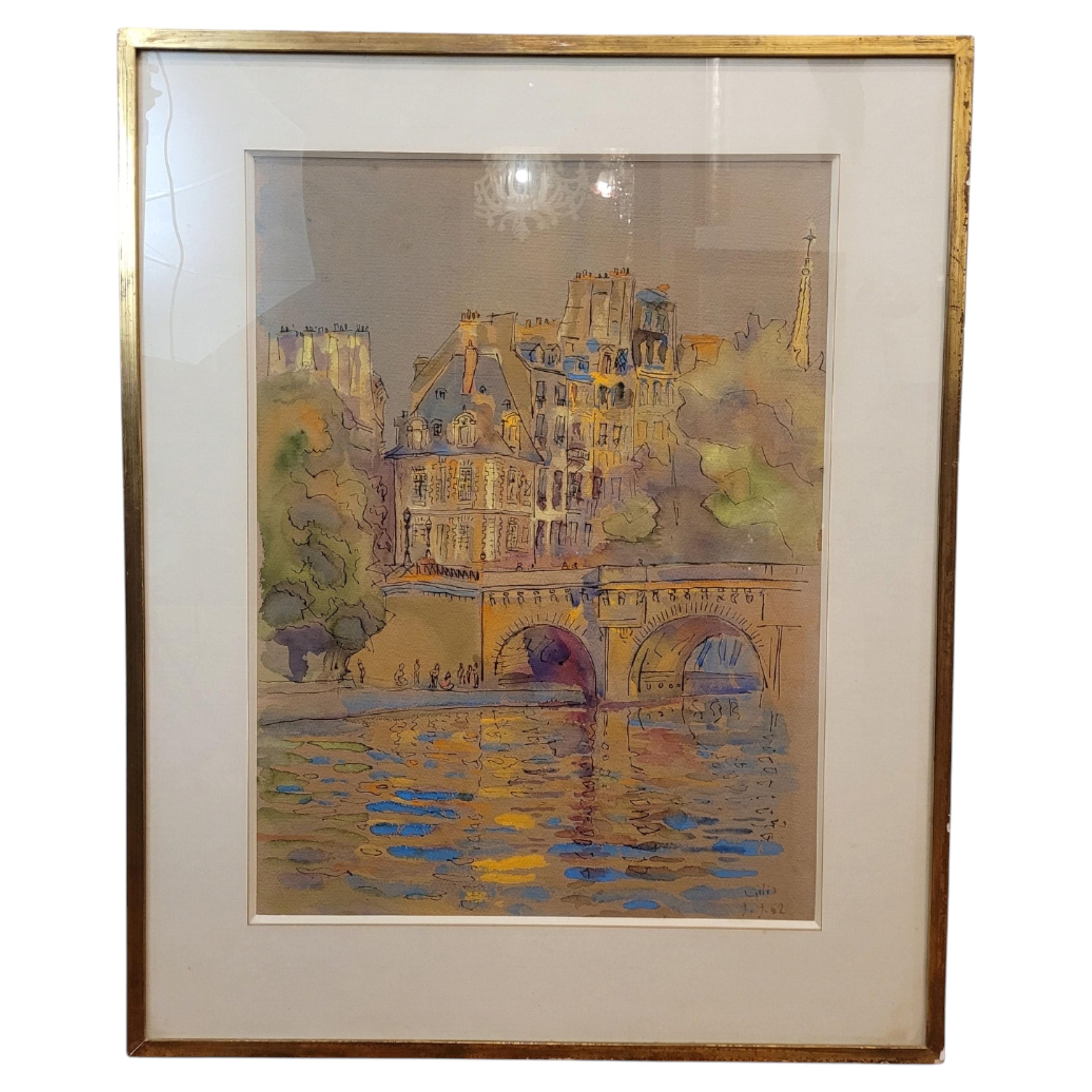 Acquerello su carta "Pont Marie, Parigi", Post-Impressionista, firmato Gilis, 1962