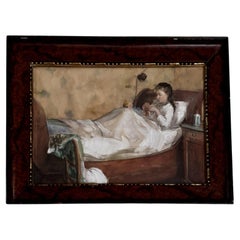 Acquerello su carta - Giovane ragazza sdraiata su un letto - Fine del XIX secolo