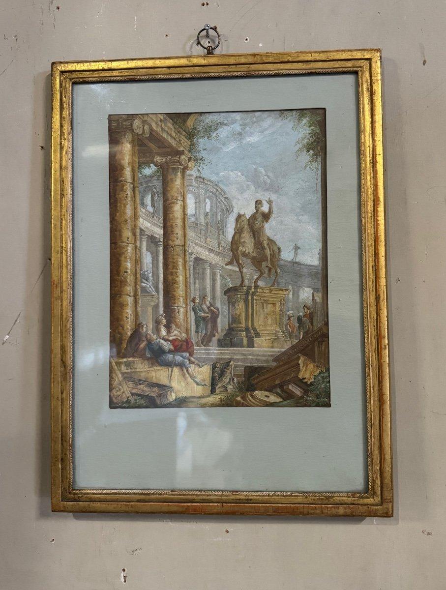 Watercolor On Verger Paper, 

Animated Ruins With Equestrian Statue, 

18th Century