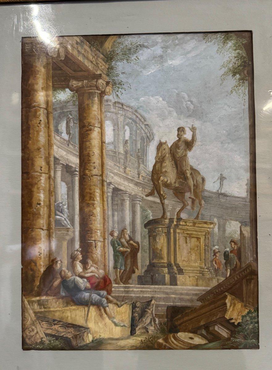 European Watercolor On Verger Paper, Animated Ruins With Equestrian Statue For Sale