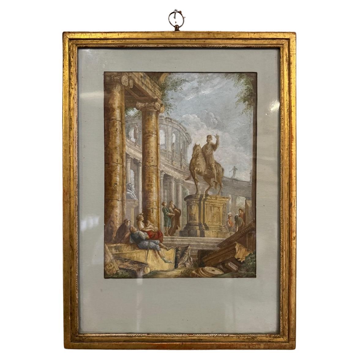 Watercolor On Verger Paper, Animated Ruins With Equestrian Statue For Sale