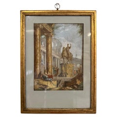 Antique Watercolor On Verger Paper, Animated Ruins With Equestrian Statue