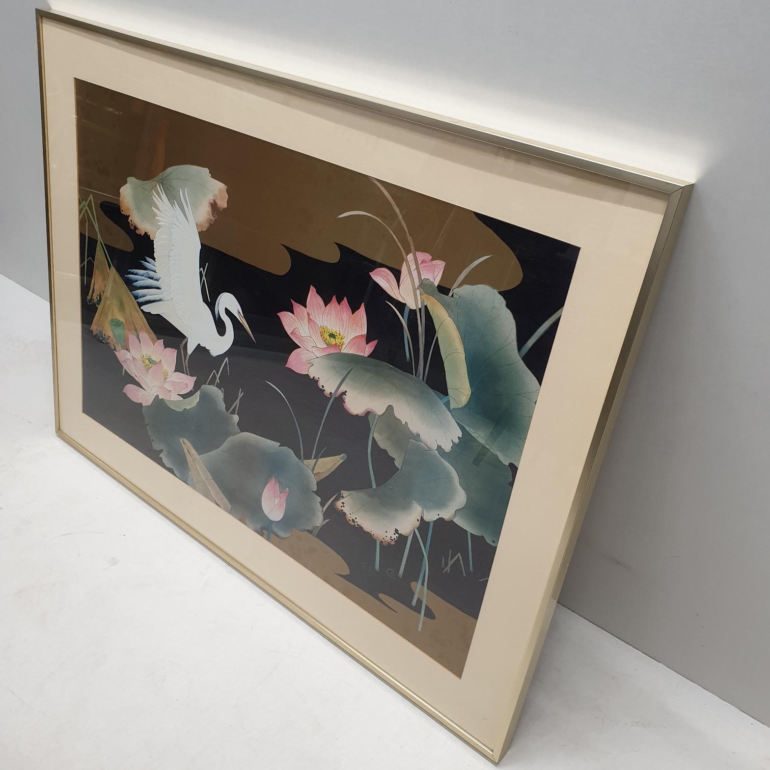 Watercolor painting from white heron with a brass frame and passe-partout, 1980s.
Not signed.
Japanese art.