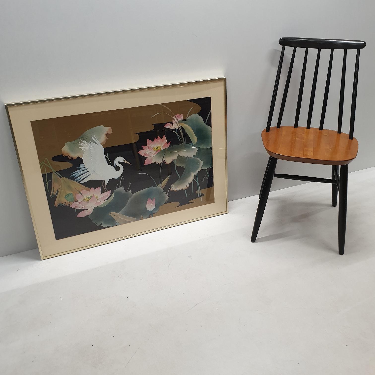 Japanese Watercolor Painting Behind Glass from White Heron with a Brass Frame, 1980s For Sale