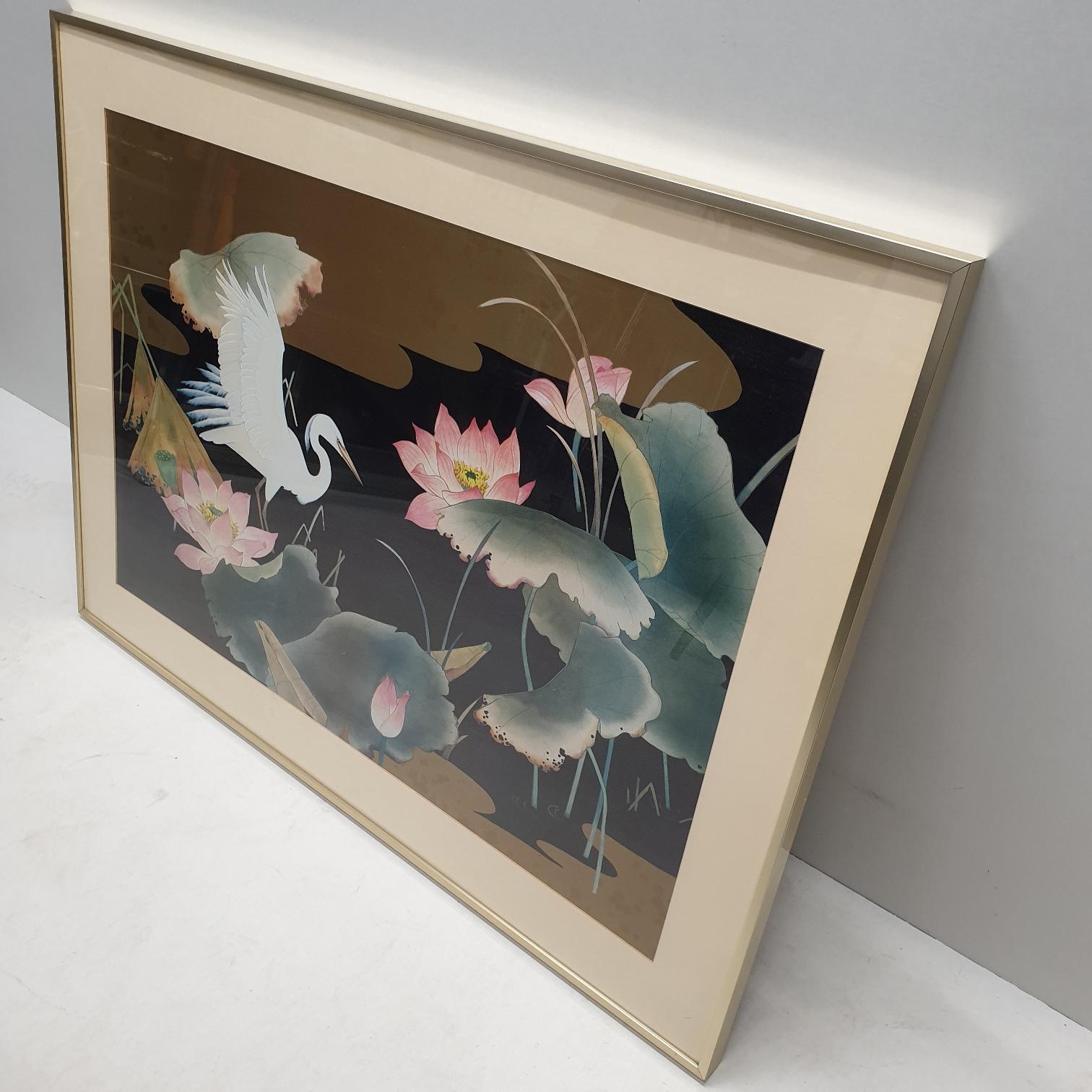 Watercolor Painting Behind Glass from White Heron with a Brass Frame, 1980s In Good Condition For Sale In Valkenswaard, NL