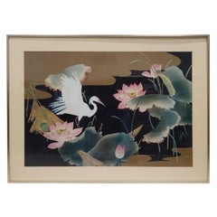 Watercolor Painting Behind Glass from White Heron with a Brass Frame, 1980s