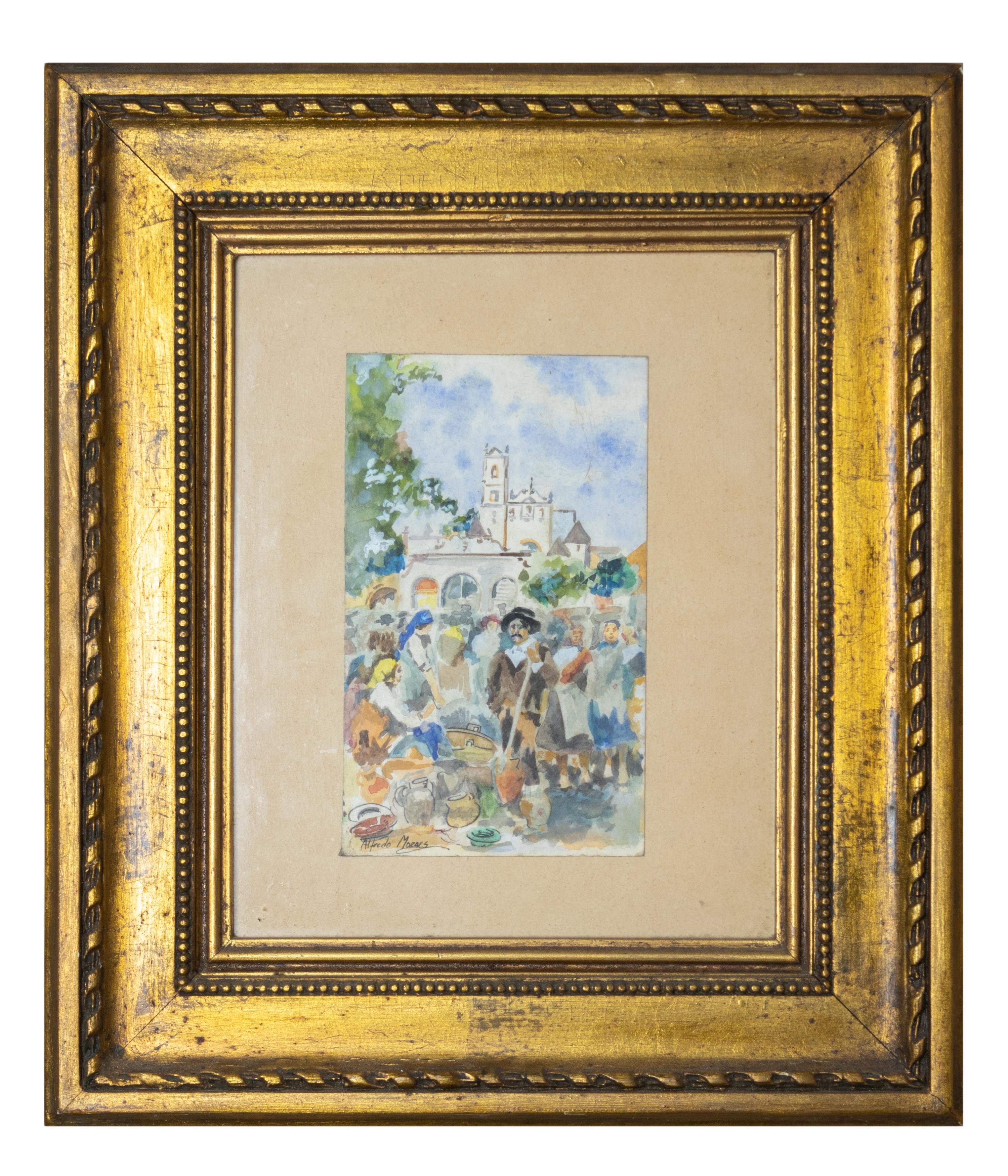 Watercolor Painting By Alfredo Morais, Portugal, 20th Century (Geölt) im Angebot