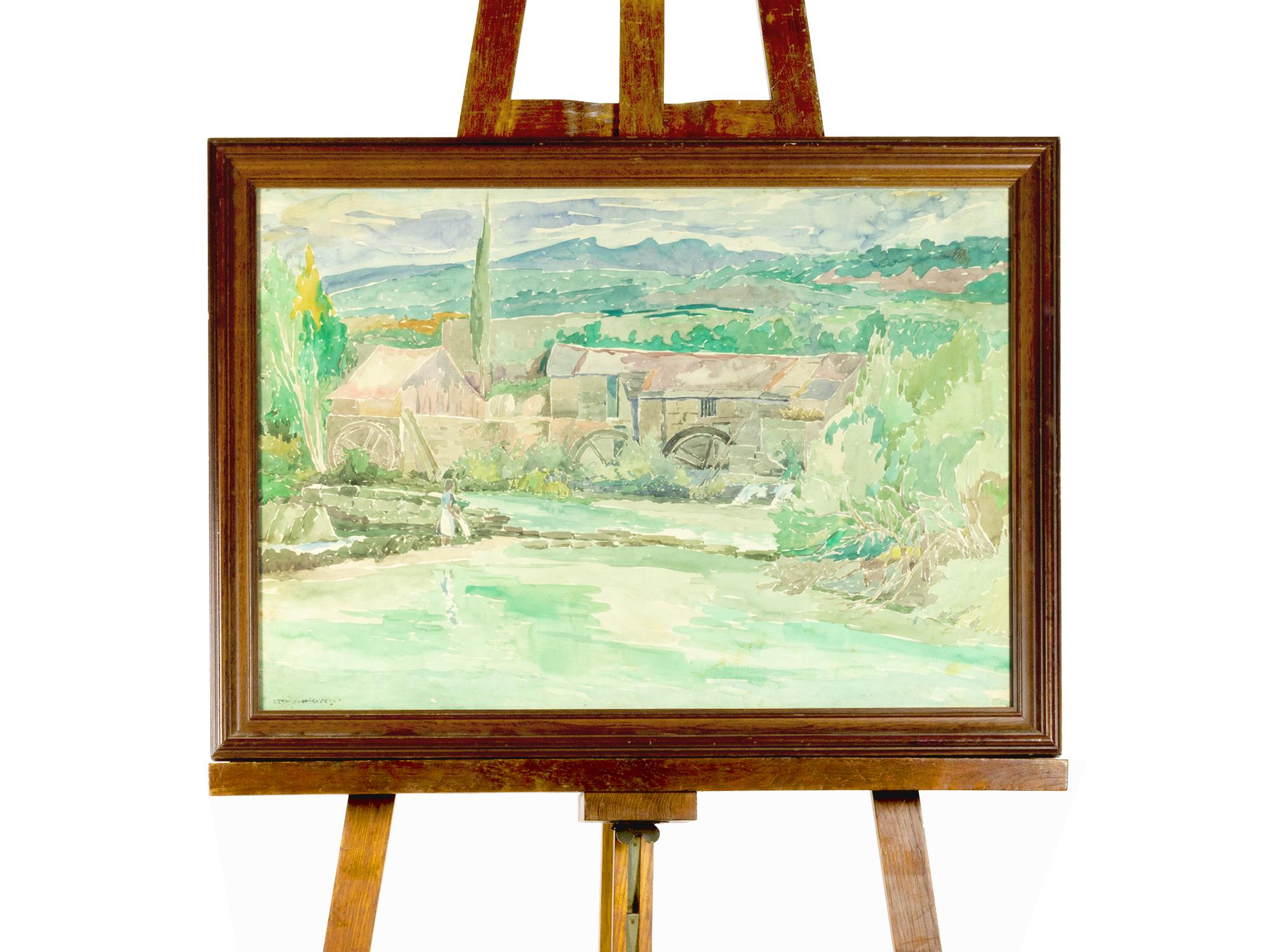 A modernism watercolour painting of a watermill and the river Tamega by José Rodrigues, signed «José Rodrigues» with the title «Azenhas - Rio Tâmega Amarante» with the artist's original card and frame on the reverse.

frame: 77,2 x 57,2 cm
without