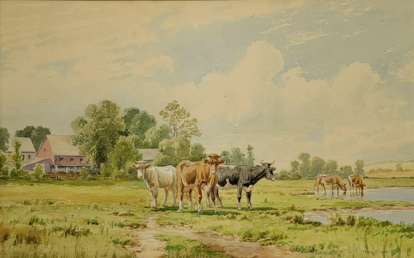Watercolor Painting by Thomas Bigelow Craig Watercolor, Cows In Good Condition In Norton, MA