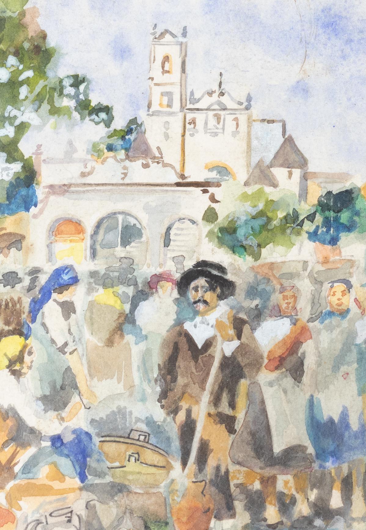 A watercolorist painting by Alfredo Januário de Moraes (1872 to 1971), a pioneer of portuguese comics and illustration, with a scene of a popular pilgrimage in the square of the Sanctuary / Church with figures in popular costumes and signed «Alfredo