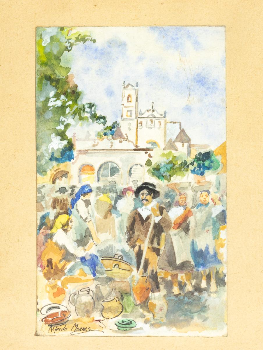 Ein Aquarell von Alfredo Januário de Moraes (1872 bis 1971), einem Pionier des portugiesischen Comics und der Illustration, mit einer Szene einer Volkswallfahrt auf dem Platz des Heiligtums / der Kirche mit Figuren in volkstümlichen Kostümen und