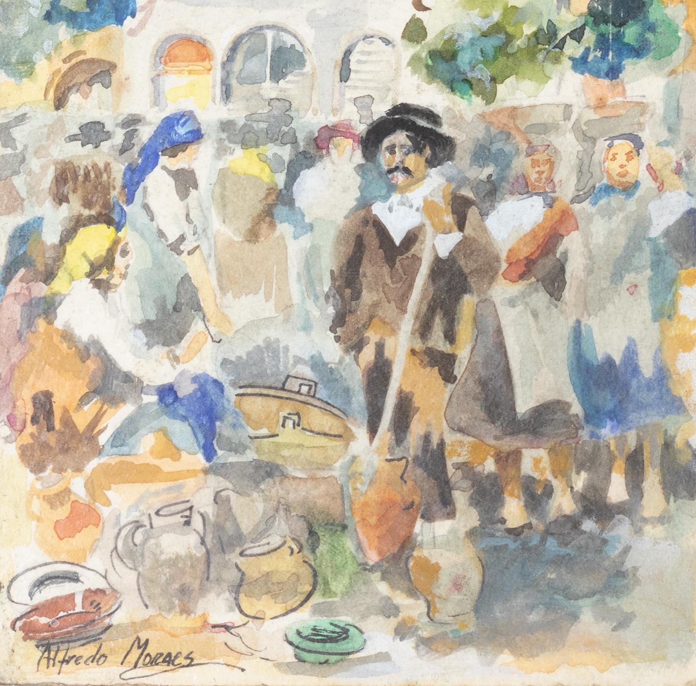 Portuguese Watercolor painting Church Pilgrimage By Alfredo Morais, 20th Century For Sale