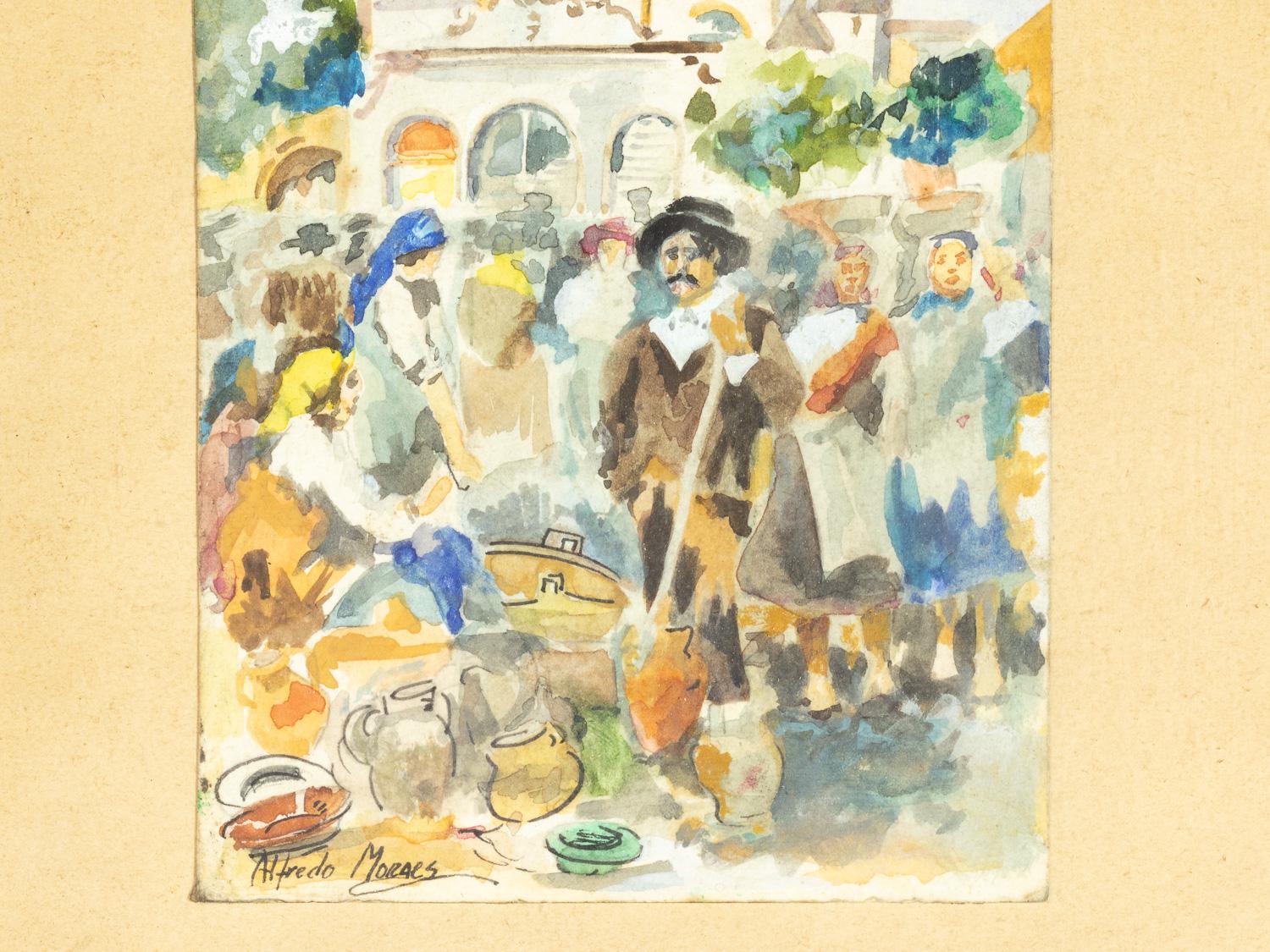 Aquarellgemälde einer Kirche, Pilgrimage von Alfredo Morais, 20. Jahrhundert (Portugiesisch) im Angebot