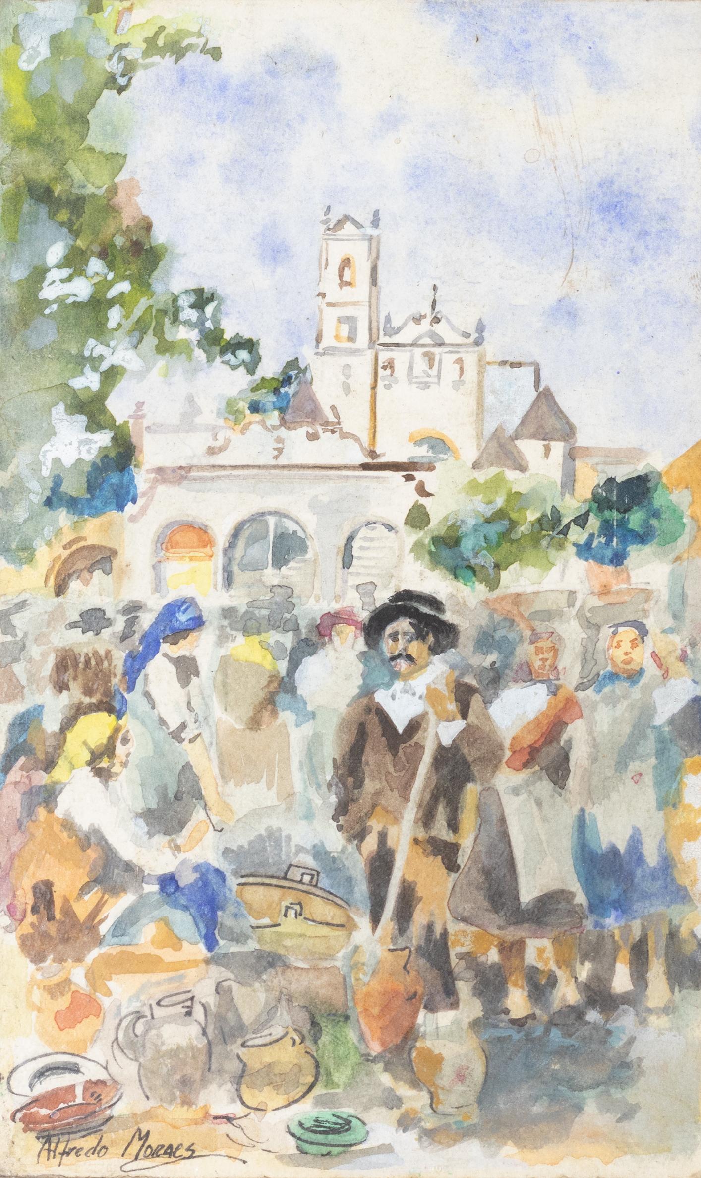 Watercolor painting Church Pilgrimage By Alfredo Morais, 20th Century In Good Condition For Sale In Lisbon, PT