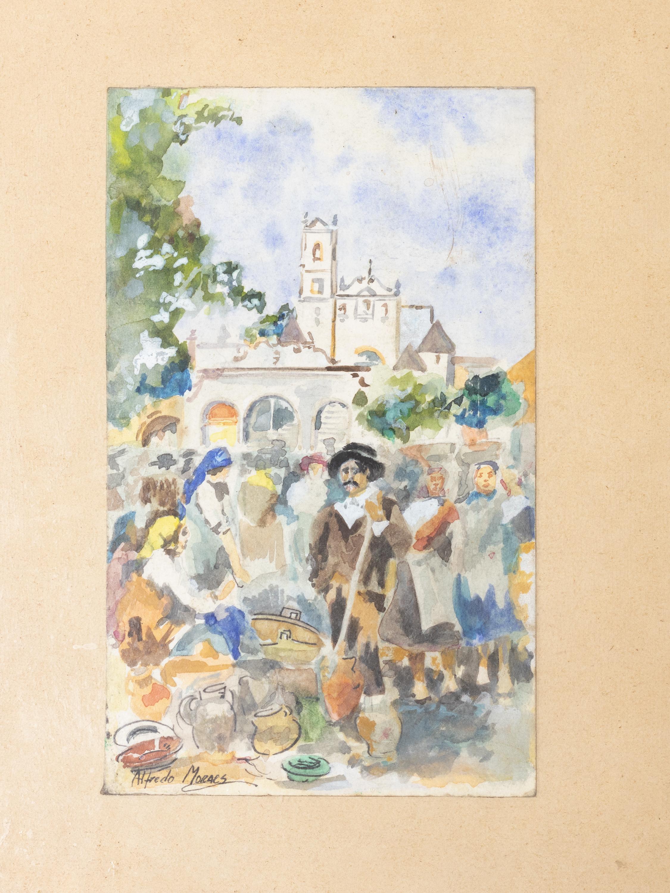 Aquarellgemälde einer Kirche, Pilgrimage von Alfredo Morais, 20. Jahrhundert im Zustand „Gut“ im Angebot in Lisbon, PT