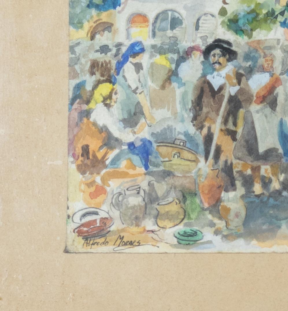 Watercolor painting Church Pilgrimage By Alfredo Morais, 20th Century For Sale 3
