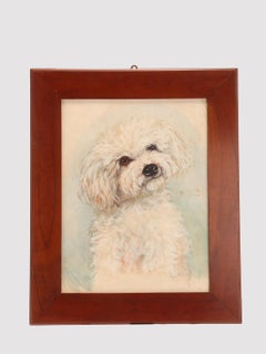 Watercolor painting depicting a poodle dog, cherry wood frame, England 1930s.