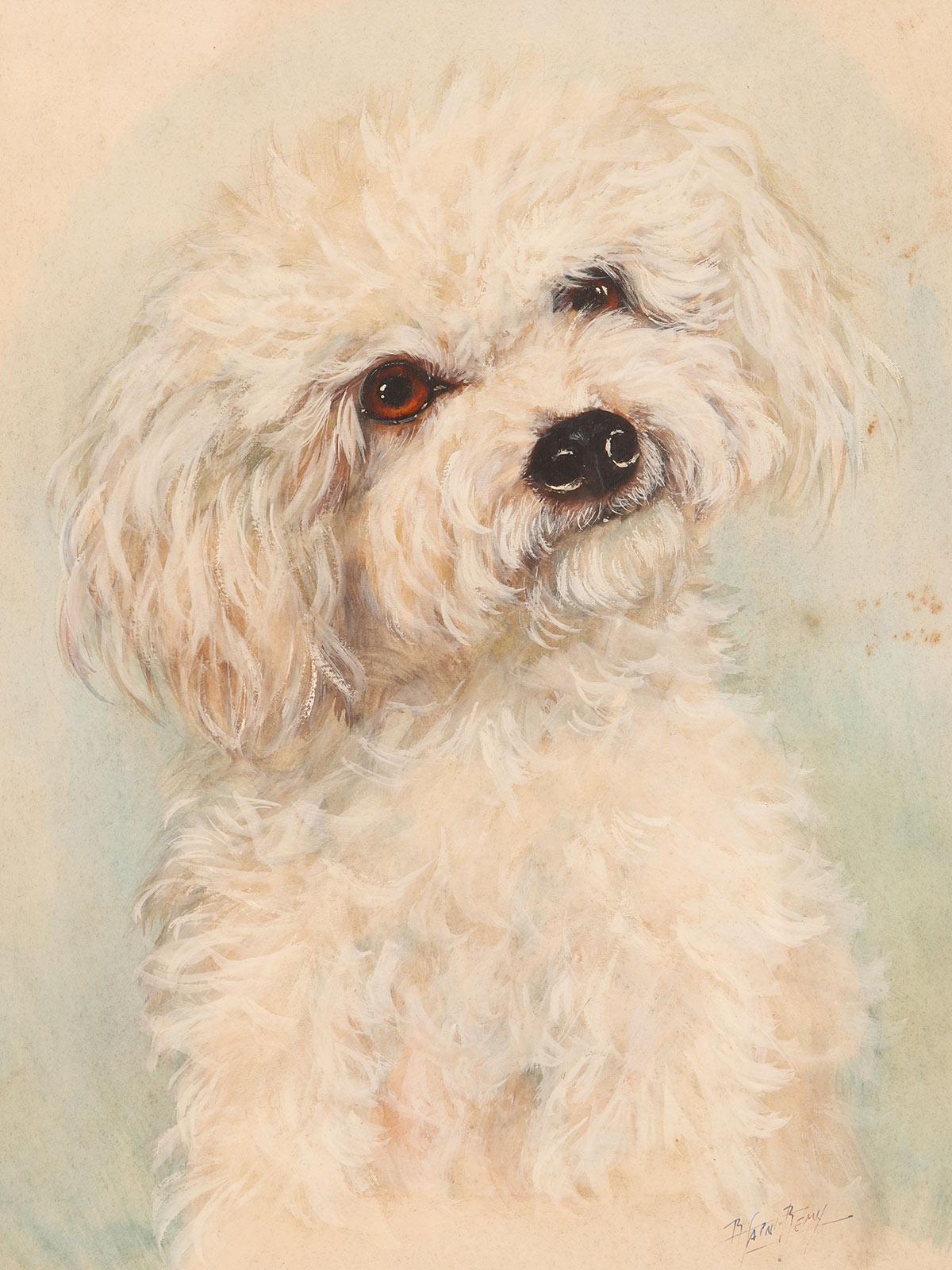 English Watercolor painting depicting a poodle dog, cherry wood frame, England 1930s. For Sale