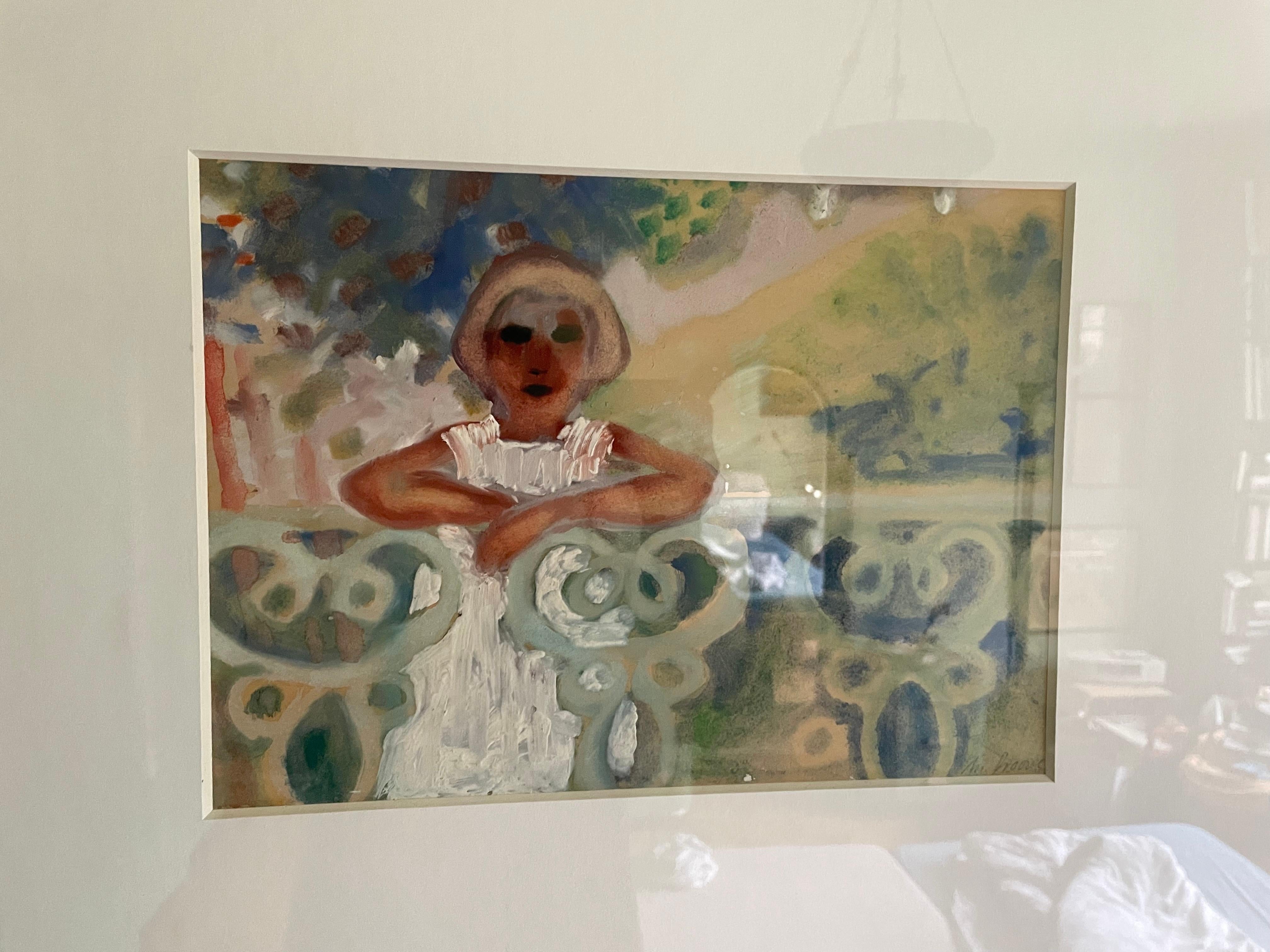 Aquarellmalerei  „Mädchen an der Balustrade“ von Marga Goove-Marcovic. Deutschland im Zustand „Gut“ im Angebot in Köln, NW