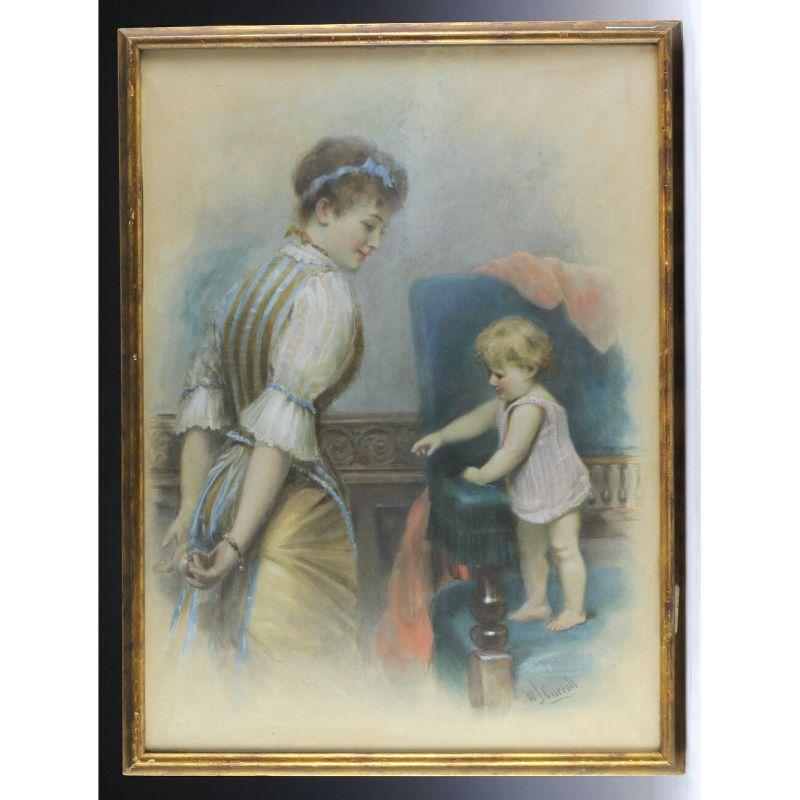 Aquarelle mère et bébé par William Joseph Carroll 

Carroll, William Joseph (britannique, 19e/20e C) Peinture à l'aquarelle représentant une mère avec son bébé, cachant une pomme derrière son dos. Signé W. J. Carroll (en bas à