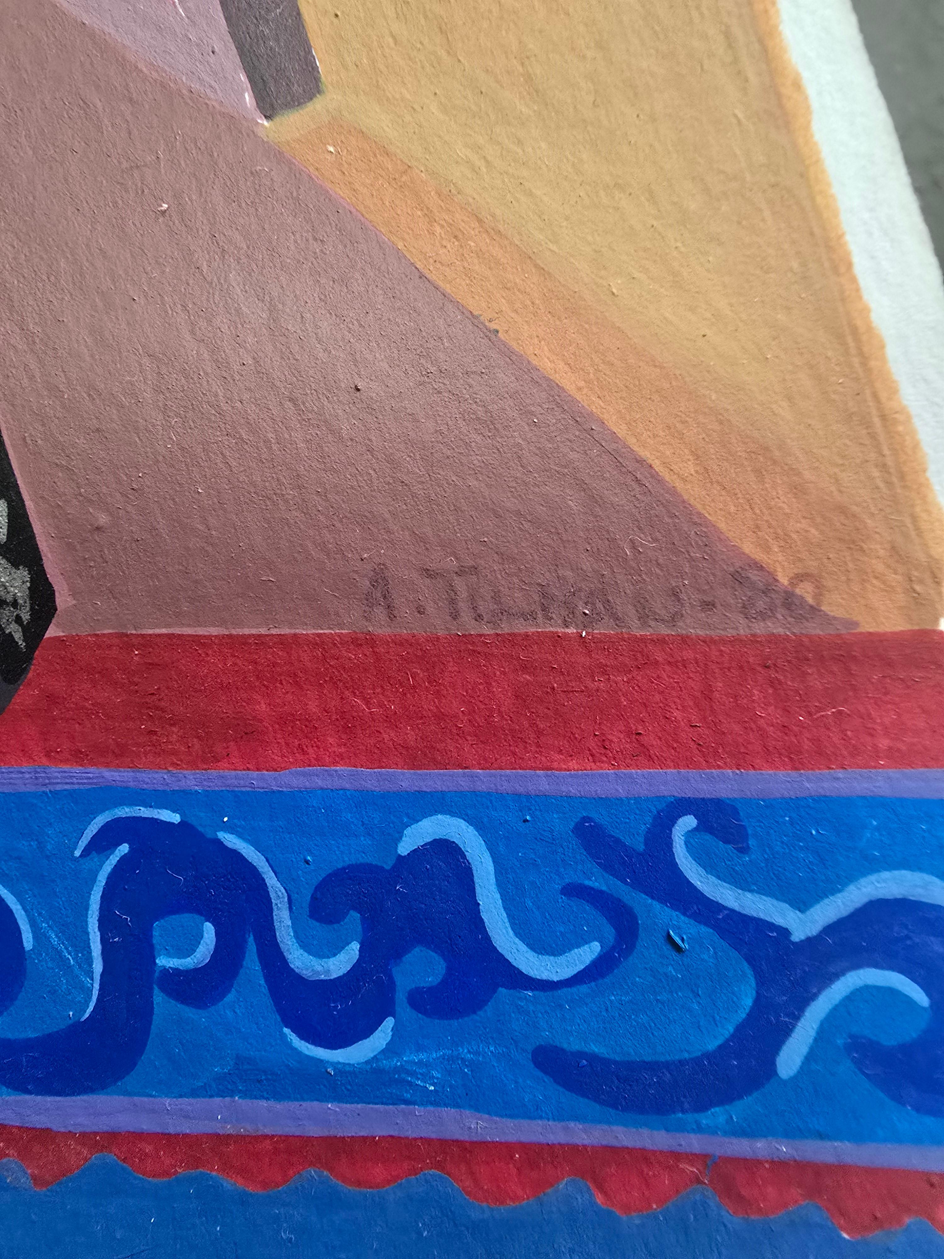 Dekoratives handgemaltes Aquarell, das eine bunte Innenraumszene mit einem Klavier spielenden Clown darstellt.
Diese ausdrucksstarke Komposition, signiert und datiert A. Tilman, 1980, vereint lebendige Farben, skurrile Motive und eine starke