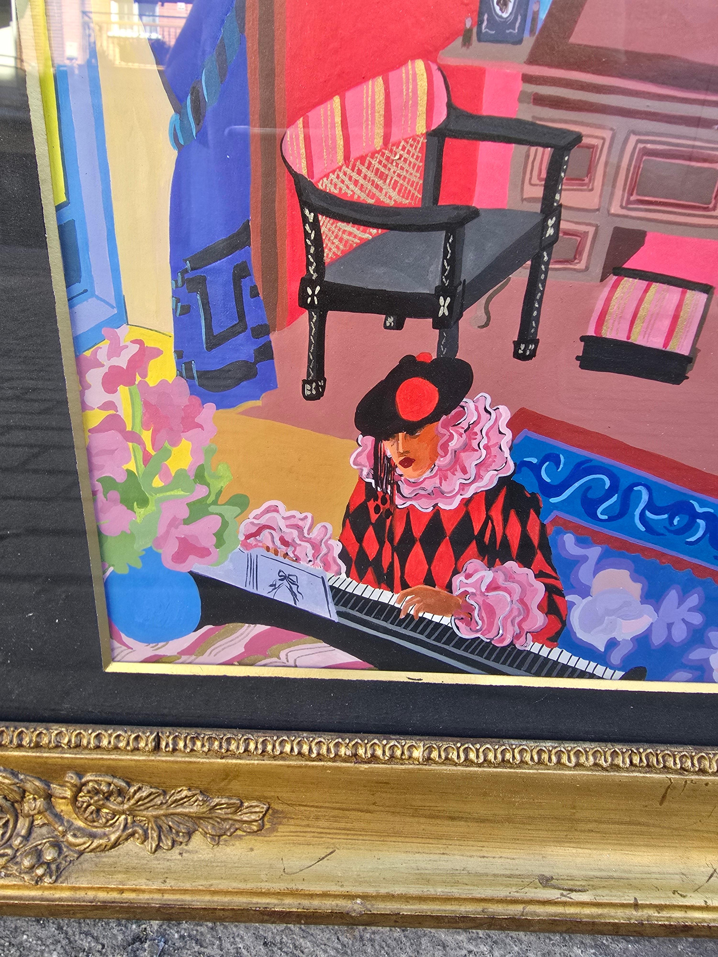 Aquarell eines Clowns, der Klavier spielt, signiert A. Tilman, 1980 im Angebot 1