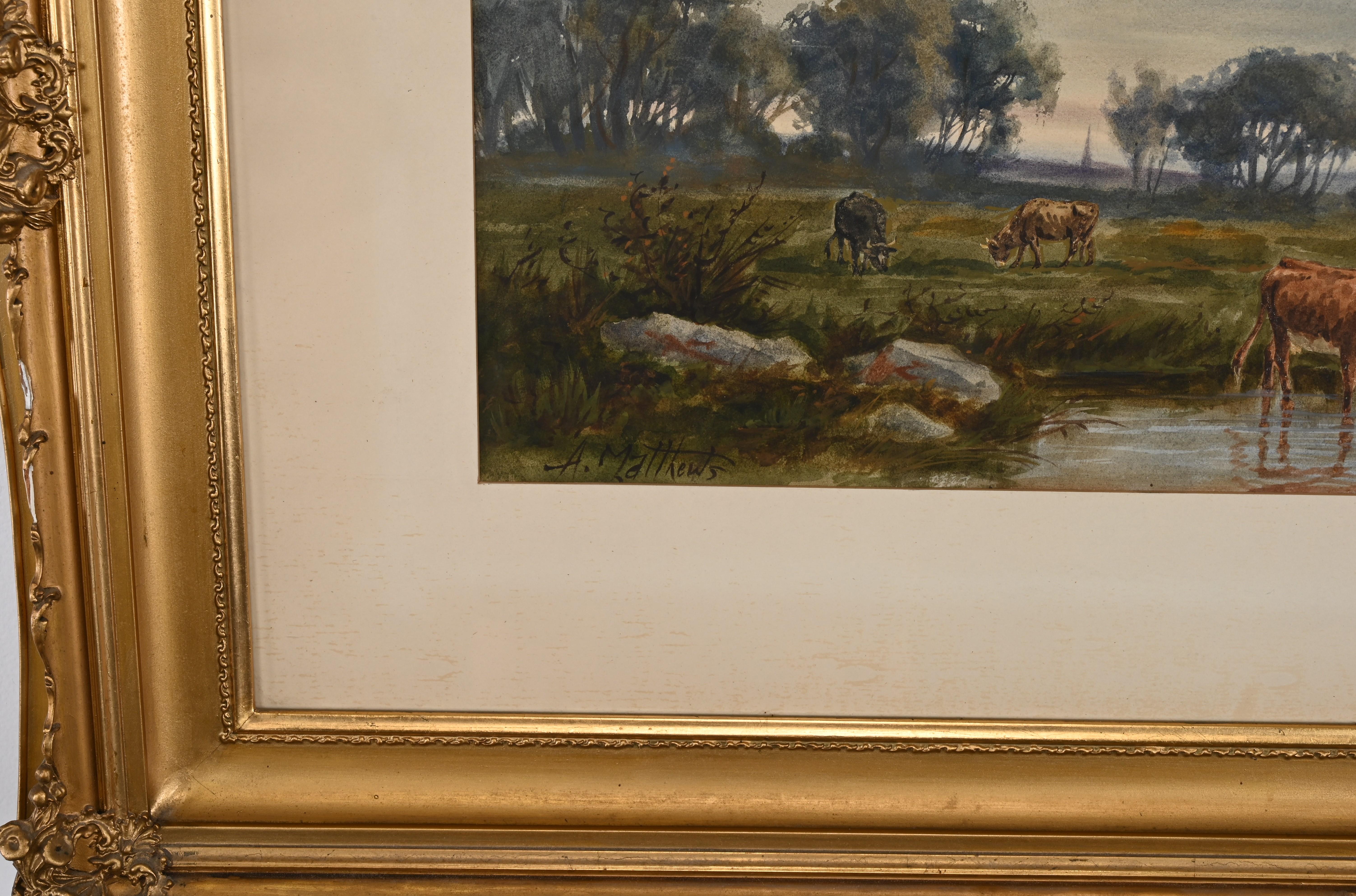 Late Victorian Watercolor Painting of a Landscape with Cattle Watering by A. Matthews For Sale