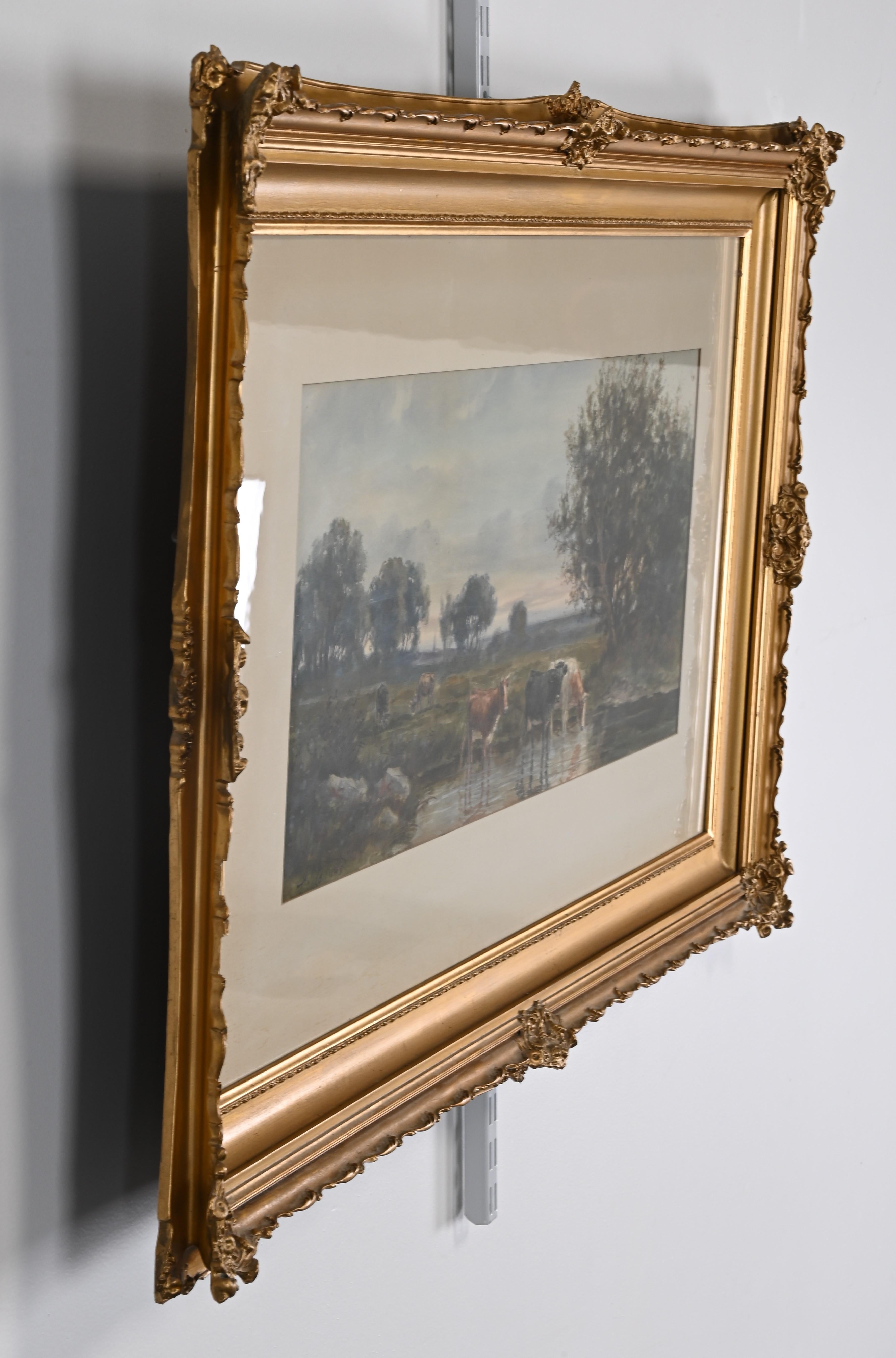 American Watercolor Painting of a Landscape with Cattle Watering by A. Matthews For Sale