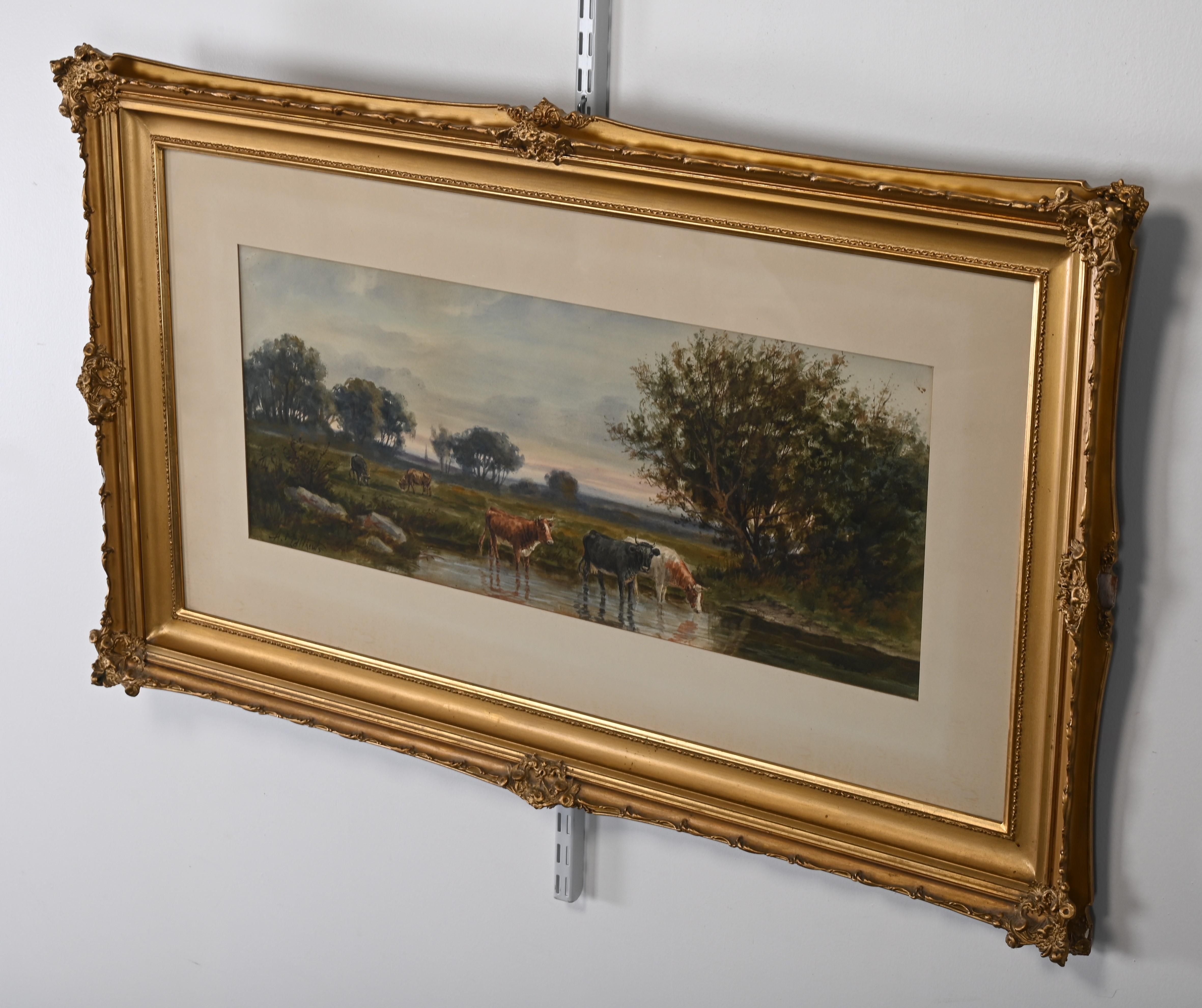 19th Century Watercolor Painting of a Landscape with Cattle Watering by A. Matthews For Sale