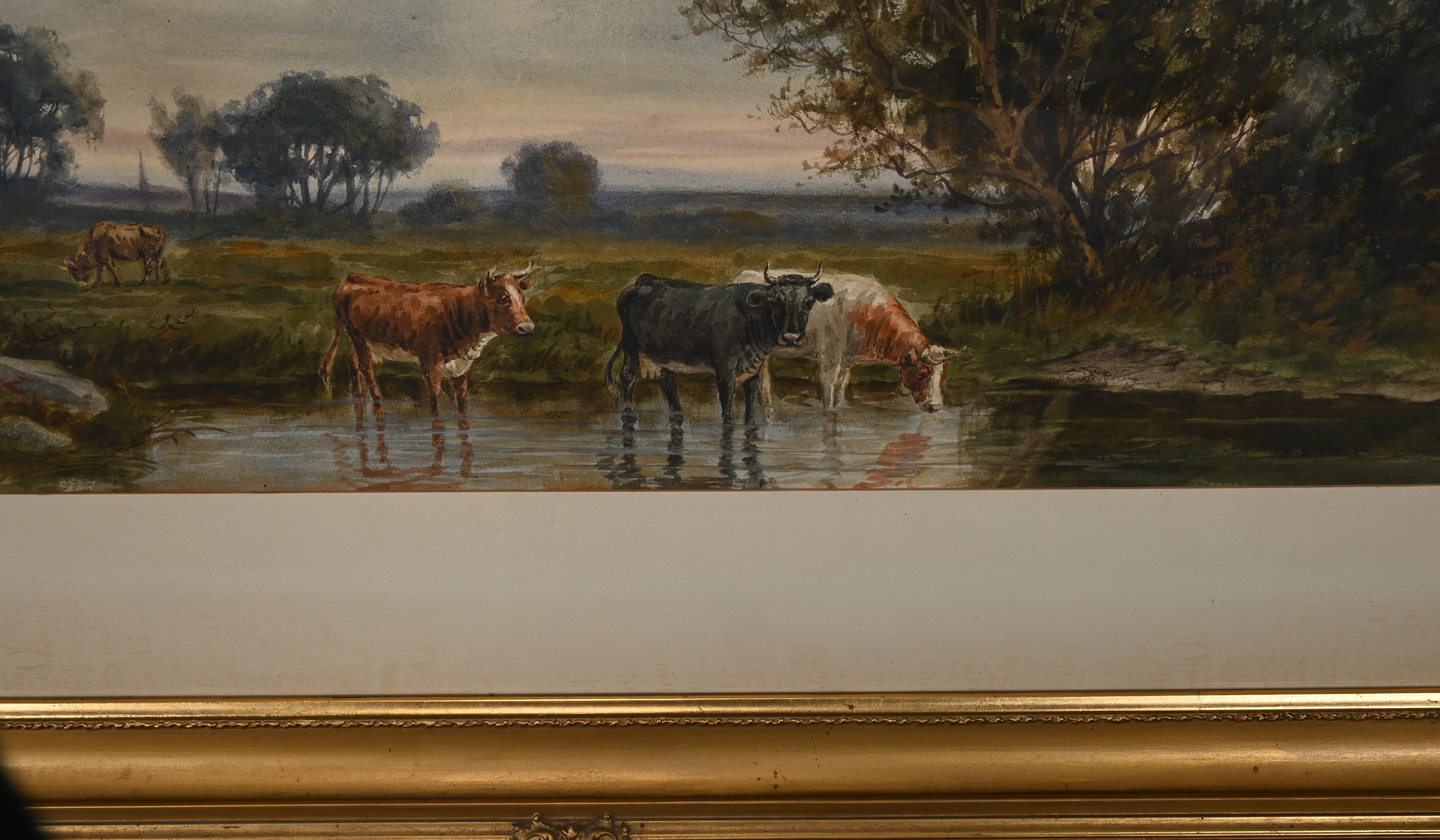 Watercolor Painting of a Landscape with Cattle Watering by A. Matthews 1