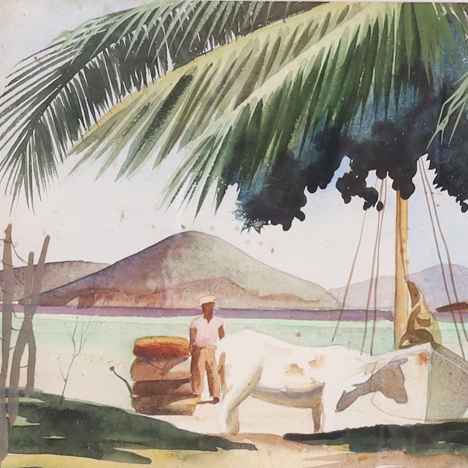 Inviting tropical watercolor on paper of a coastal scene with figures, a cow, and a boat all bathed in sunlight on an afternoon in the Virgin Islands. Signed in the lower left by noted American artist Mitchell Jamieson whose work can be seen in